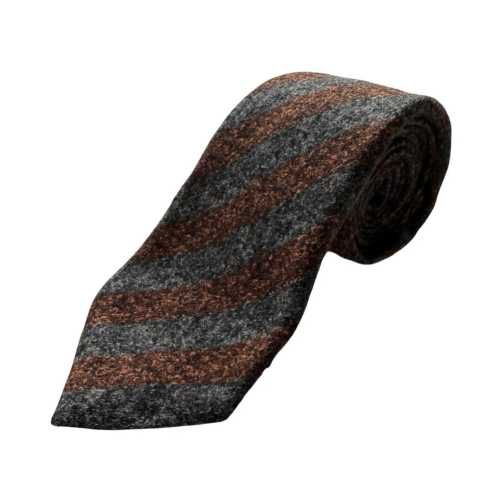 Isaia Napoli Orange Grey Striped 7 Fold Wool Silk Men's Tie 3.5 Inch Width